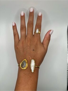 Gold Pearl Accent Open Cuff Bracelet and Ring Set - White